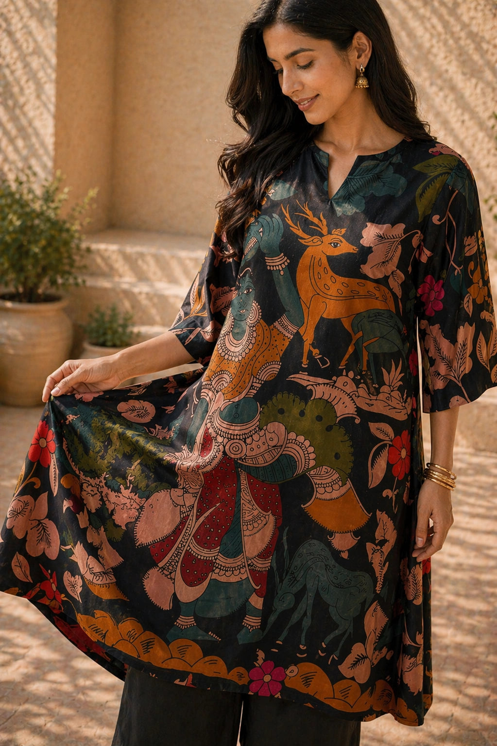 Chitra Kalamkari Print Kurta & Relaxed Pants Set (Black & Multi-Colored)