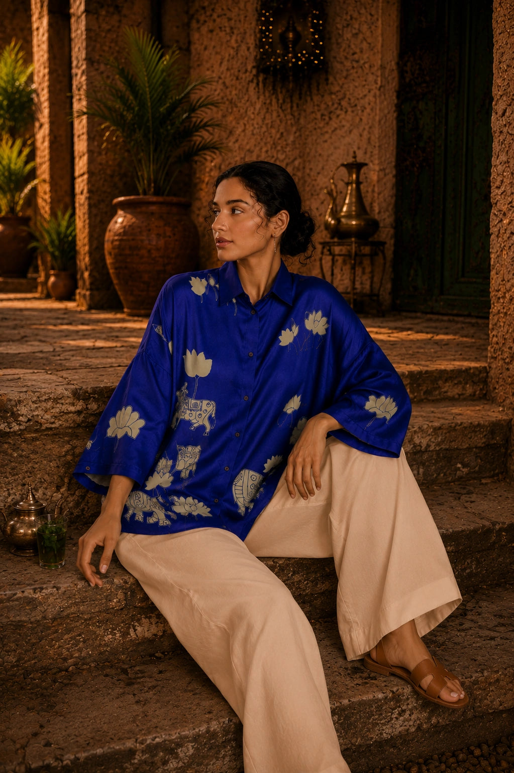 Royal Blue Kalamkari Elephant & Lotus Print Oversized Cotton Shirt – Premium Relaxed Fit Ethnic Fusion Top for Women