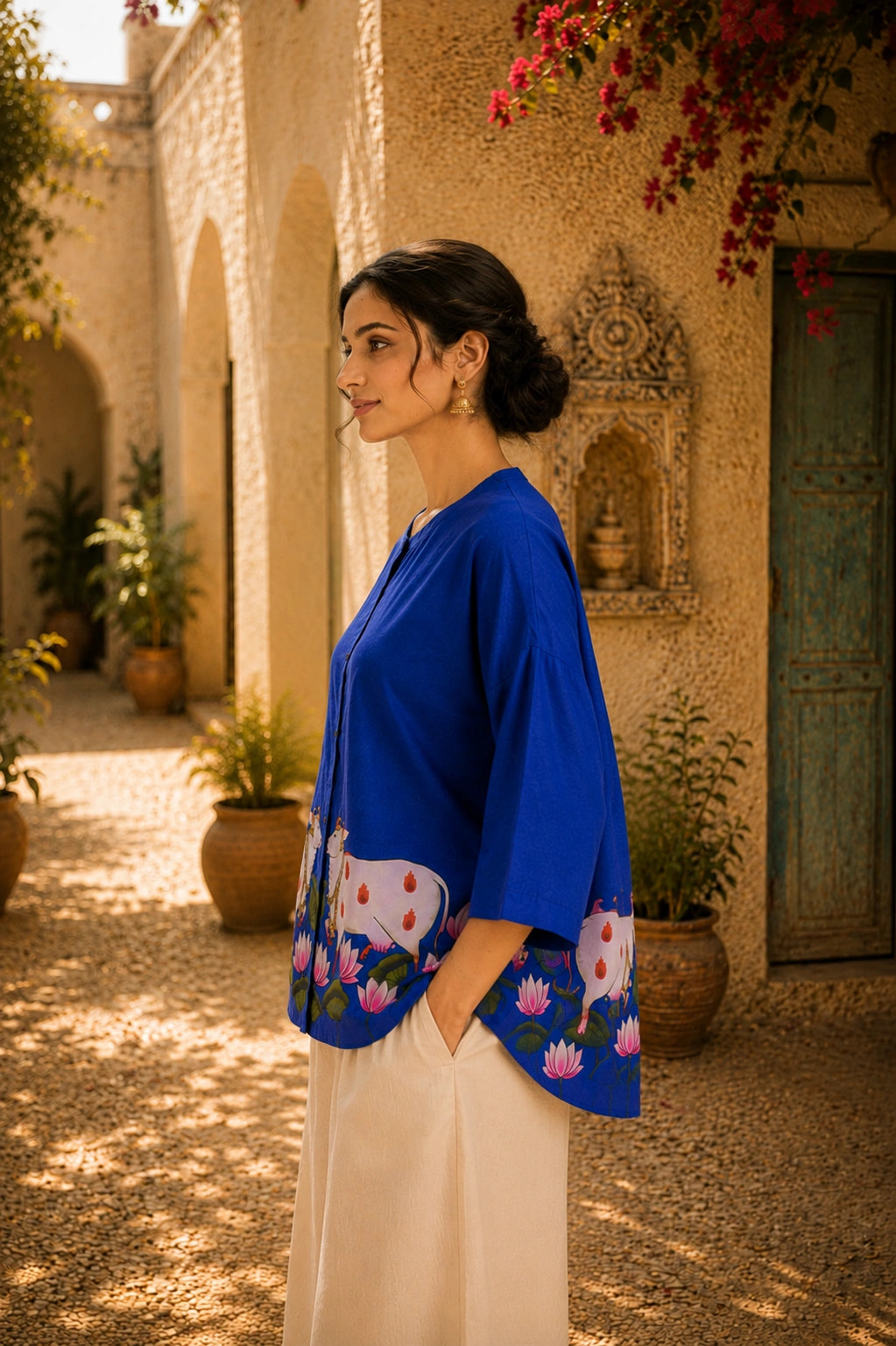 Surbhi Kalamkari Oversized Cotton Shirt for Women – Royal Blue