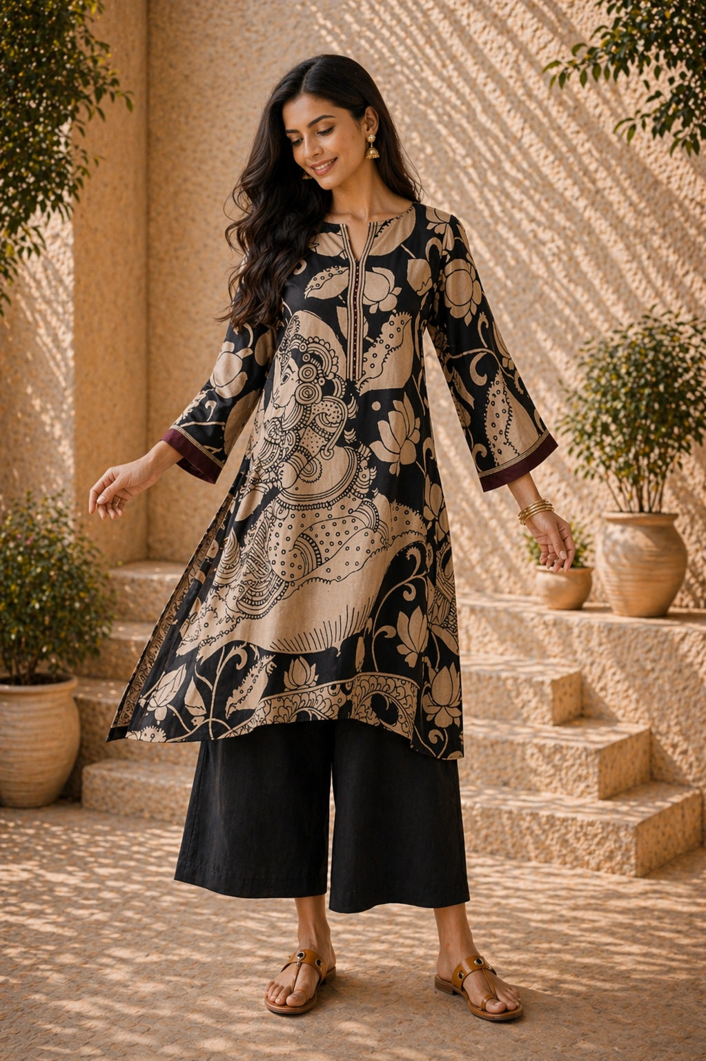 Black & Beige Kalamkari Kurta Set with Embroidery - Modern Ethnic Wear for Women