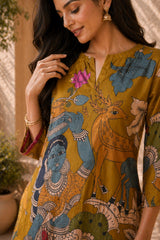 Chitra Kalamkari Print Kurta & Relaxed Pants Set (Mustard Yellow & Multi-Colored)