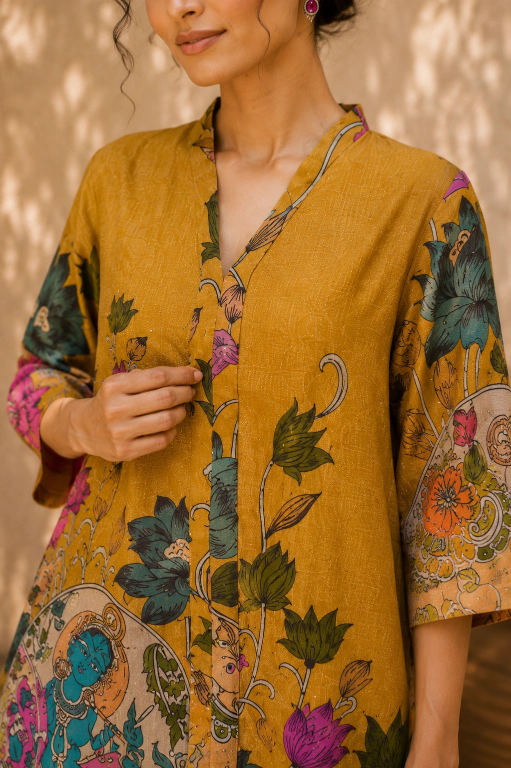 Vrindika Premium Cotton Printed Kurta Set with Pants – Mustard Floral Ethnic Wear