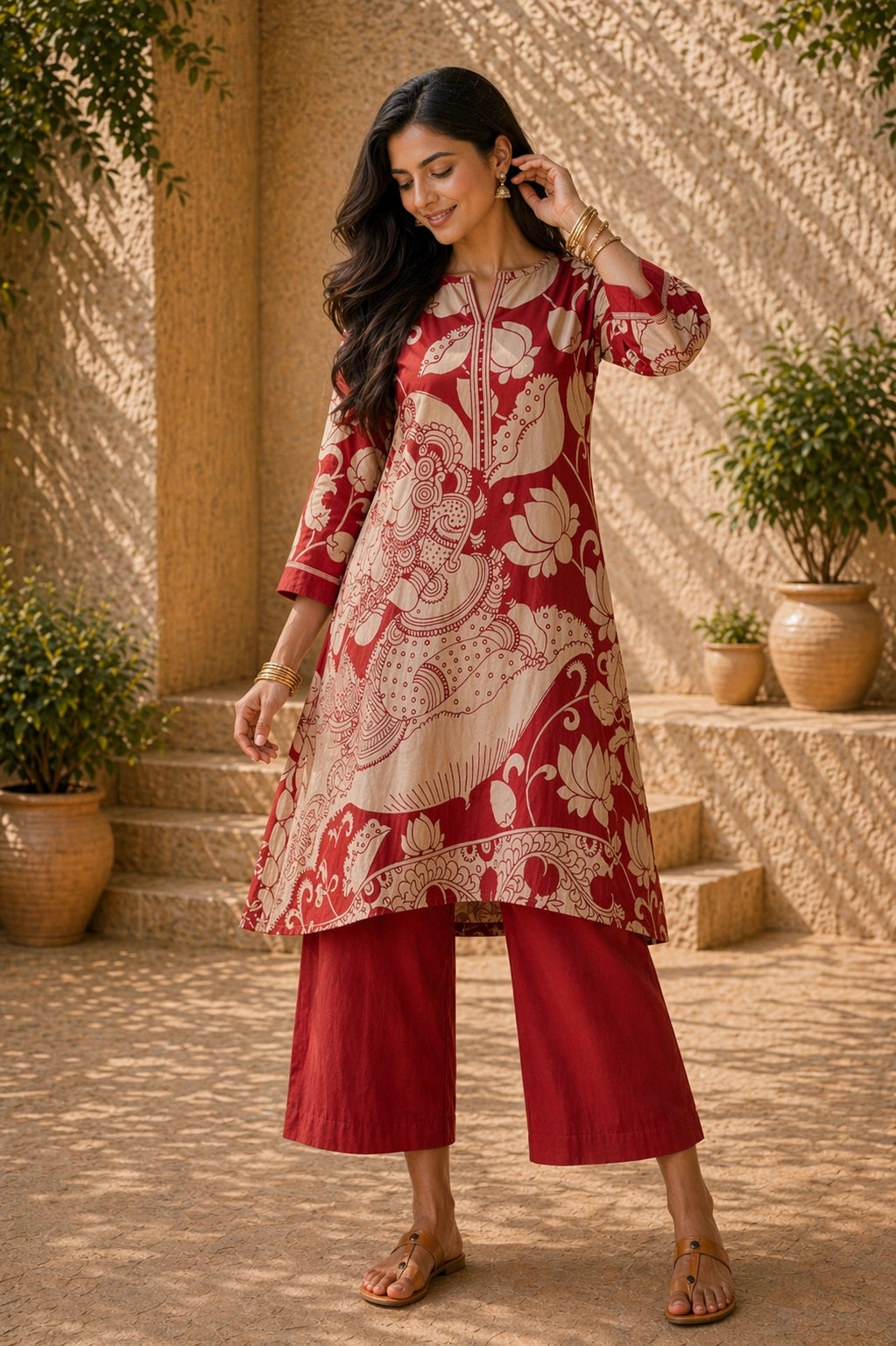 Rust Kalamkari Print Kurta Set with Embroidery - Ethnic Wear for Women