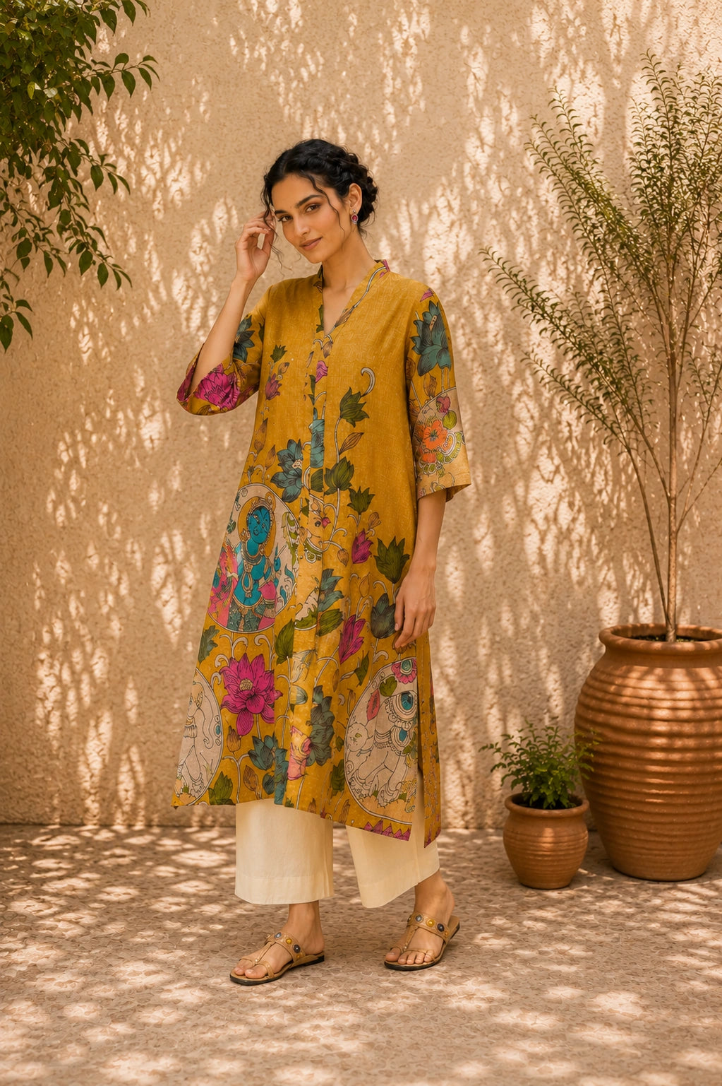 Vrindika Premium Cotton Printed Kurta Set with Pants – Mustard Floral Ethnic Wear