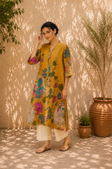 Vrindika Premium Cotton Printed Kurta Set with Pants – Mustard Floral Ethnic Wear