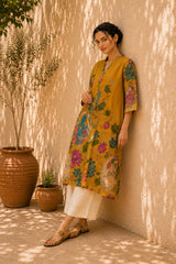 Vrindika Premium Cotton Printed Kurta Set with Pants – Mustard Floral Ethnic Wear