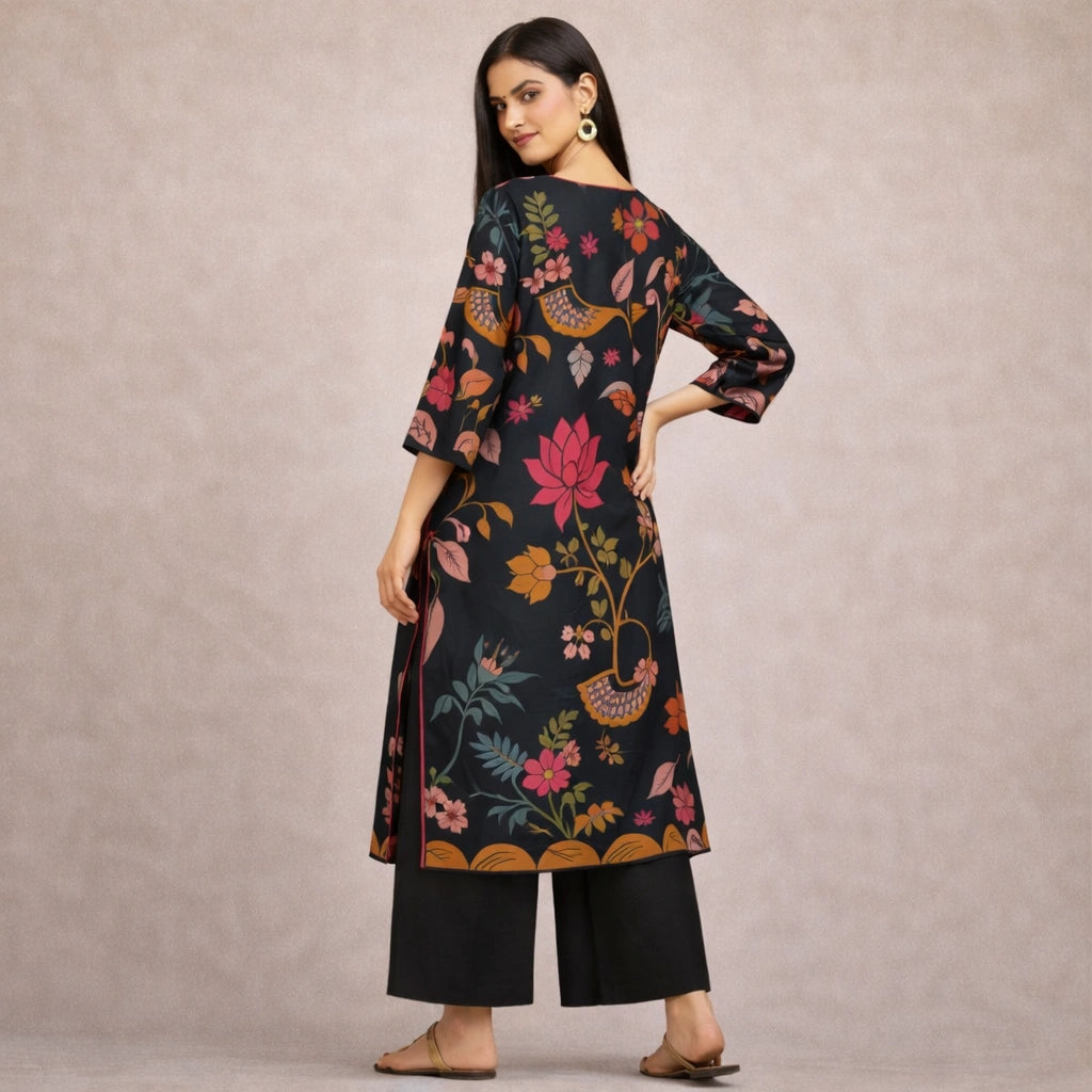 Chitra Kalamkari Print Kurta & Relaxed Pants Set (Black & Multi-Colored)