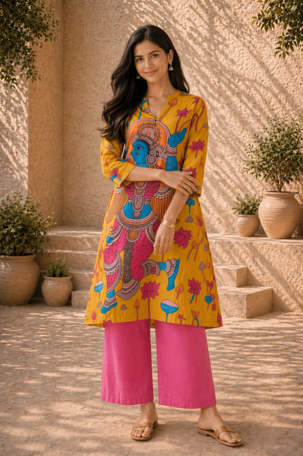 Rasika Kalamkari Print Premium Fabric Kurti Set with Pants for Women - Yellow