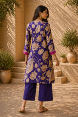 Violet Kalamkari Print Kurta Set with Embroidery - Traditional Ethnic Wear for Women