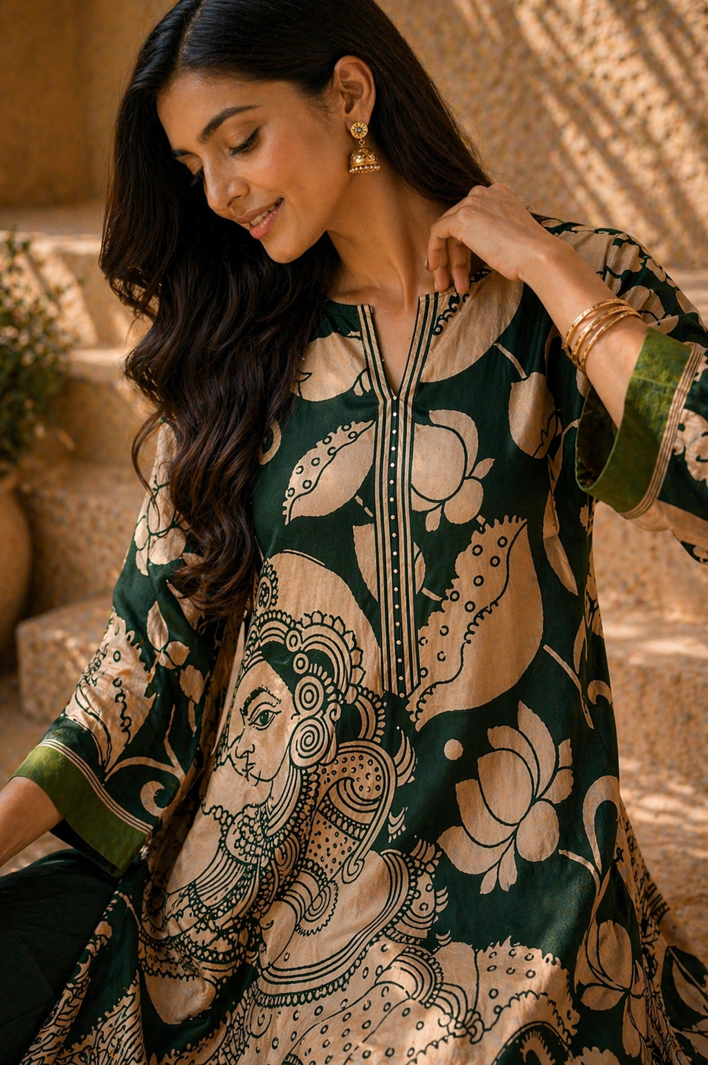 Green Kalamkari Print Kurta Set with Mukaish Embroidery - Ethnic Wear for Women