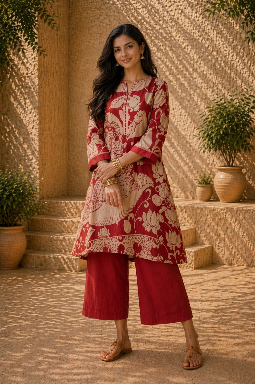 Rust Kalamkari Print Kurta Set with Embroidery - Ethnic Wear for Women