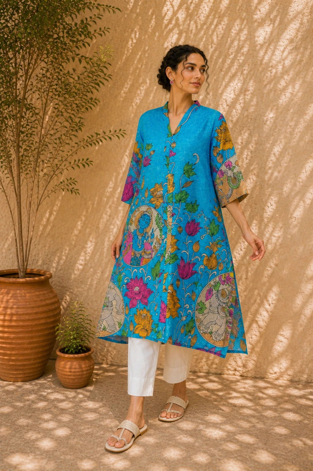 Vrindika Premium Cotton Printed Kurta Set with Pants – Electric Blue Floral Ethnic Wear
