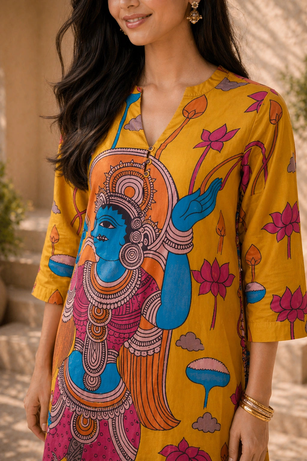 Rasika Kalamkari Print Premium Fabric Kurti Set with Pants for Women - Yellow