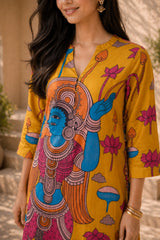 Rasika Kalamkari Print Premium Fabric Kurti Set with Pants for Women - Yellow