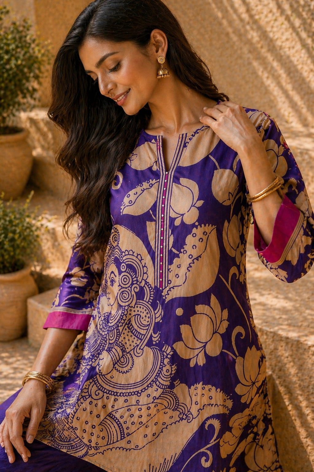 Violet Kalamkari Print Kurta Set with Embroidery - Traditional Ethnic Wear for Women