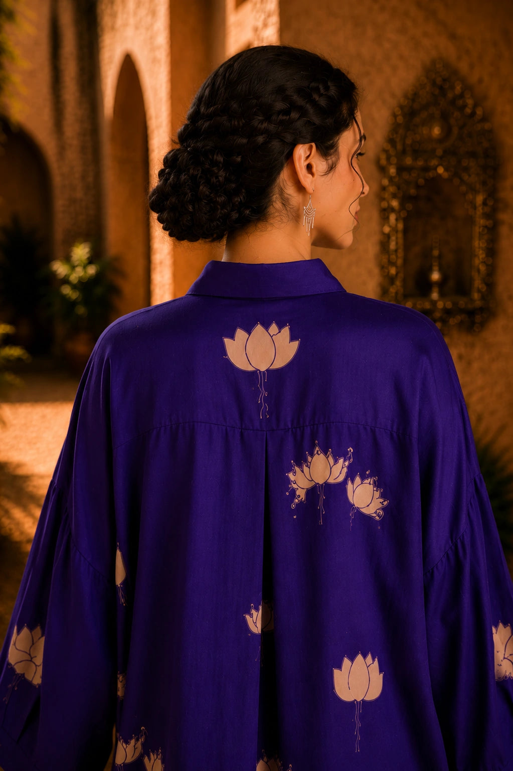 Purple Kalamkari Elephant & Lotus Print Oversized Cotton Shirt | Premium Relaxed Fit Ethnic Fusion Top for Women