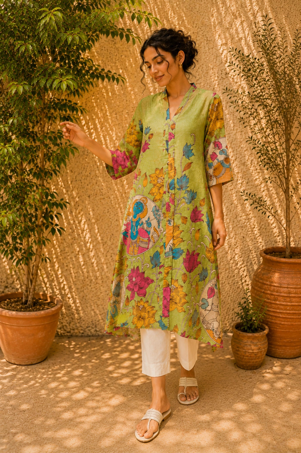 Vrindika Premium Cotton Printed Kurta Set with Pants – Pista Green Floral Ethnic Wear