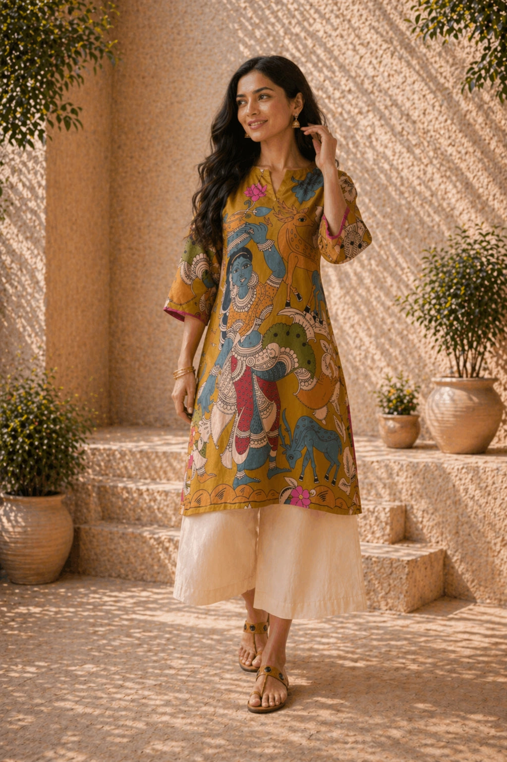 Chitra Kalamkari Print Kurta & Relaxed Pants Set (Mustard Yellow & Multi-Colored)