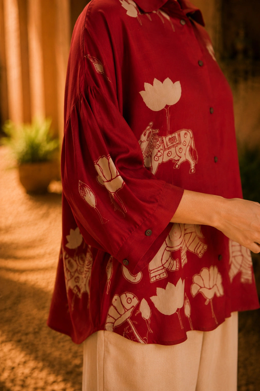 Red Kalamkari Elephant & Lotus Print Oversized Cotton Shirt – Premium Relaxed Fit Ethnic Fusion Top for Women