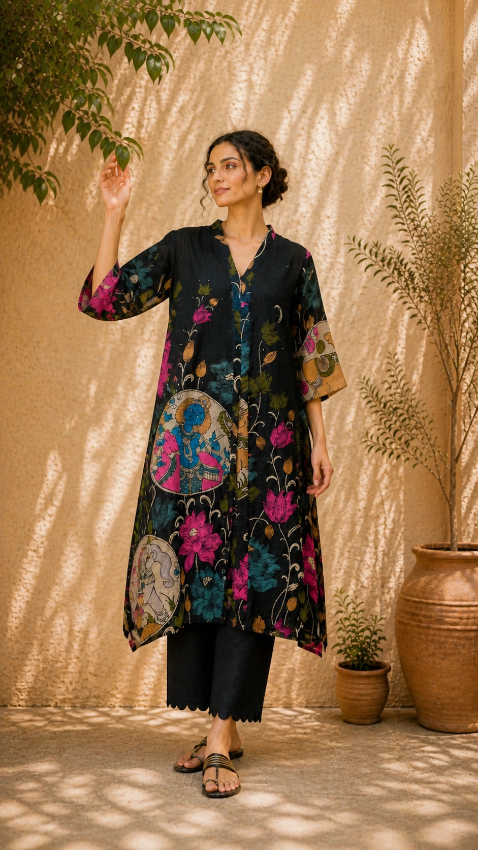 Vrindika Premium Cotton Printed Kurta Set with Pants – Black Floral Ethnic Wear