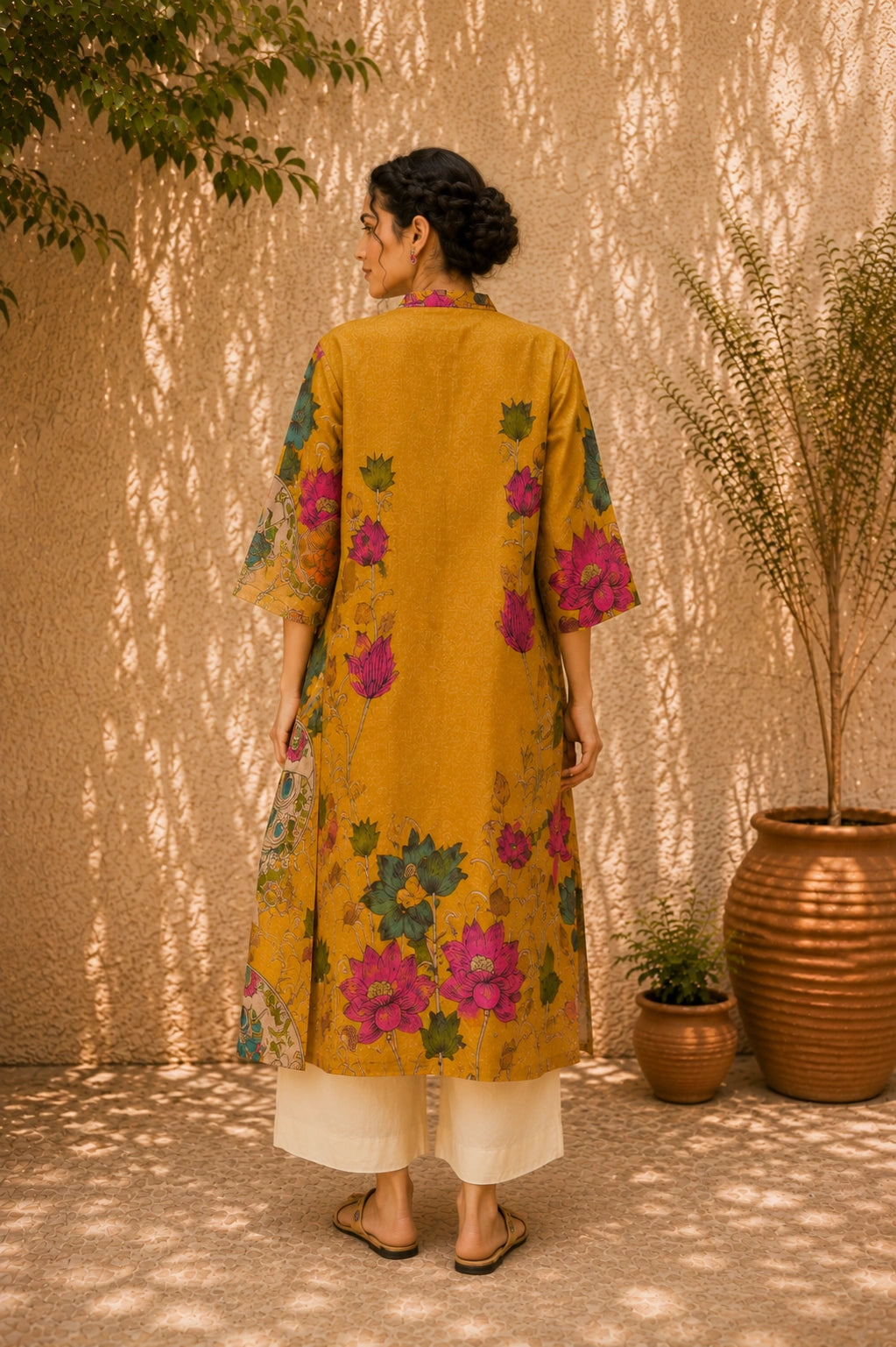 Vrindika Premium Cotton Printed Kurta Set with Pants – Mustard Floral Ethnic Wear