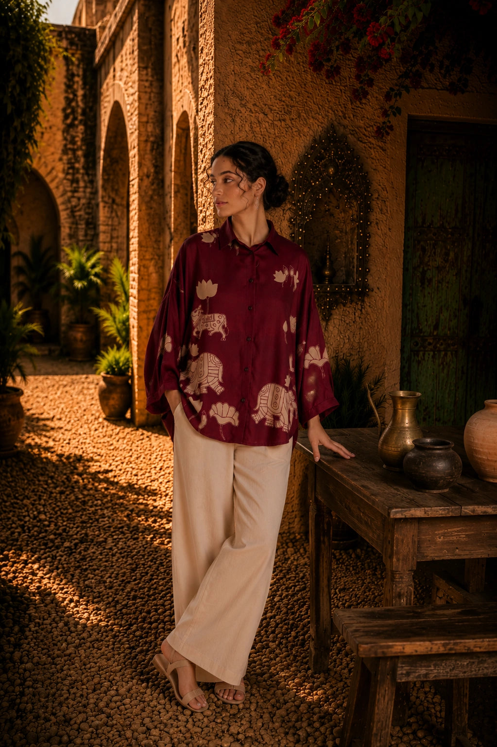 Maroon Kalamkari Elephant & Lotus Print Oversized Cotton Shirt – Premium Relaxed Fit Ethnic Fusion Top for Women