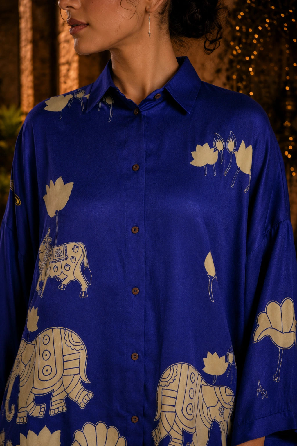 Royal Blue Kalamkari Elephant & Lotus Print Oversized Cotton Shirt – Premium Relaxed Fit Ethnic Fusion Top for Women
