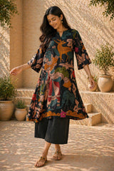 Chitra Kalamkari Print Kurta & Relaxed Pants Set (Black & Multi-Colored)