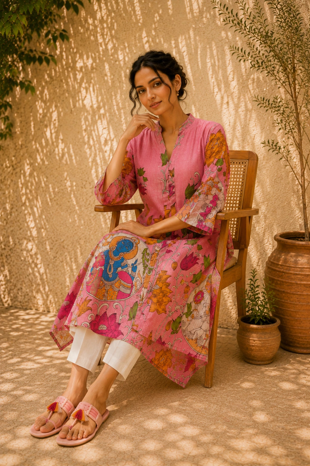 Vrindika Premium Cotton Printed Kurta Set with Pants – Pink Floral Ethnic Wear