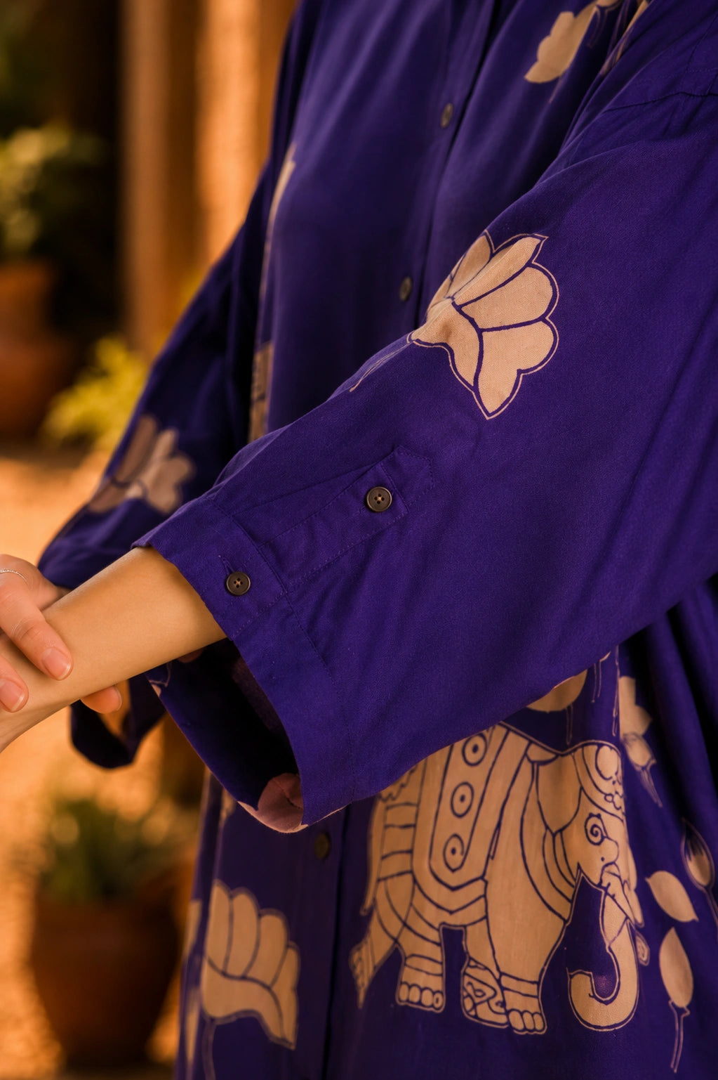 Purple Kalamkari Elephant & Lotus Print Oversized Cotton Shirt | Premium Relaxed Fit Ethnic Fusion Top for Women