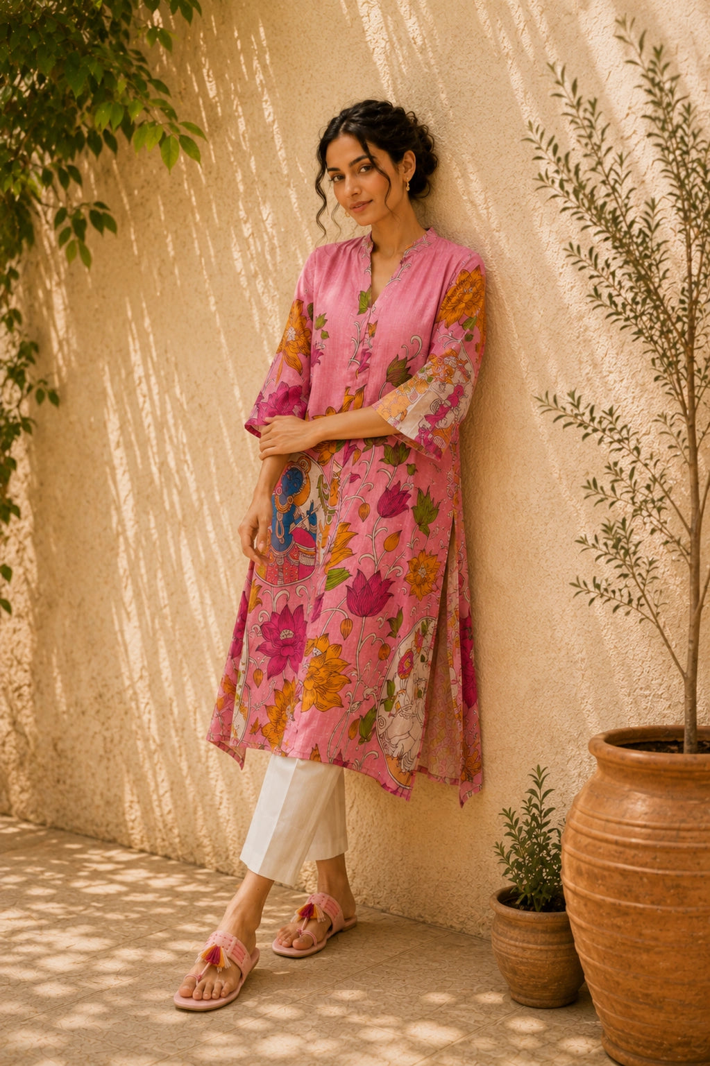 Vrindika Premium Cotton Printed Kurta Set with Pants – Pink Floral Ethnic Wear