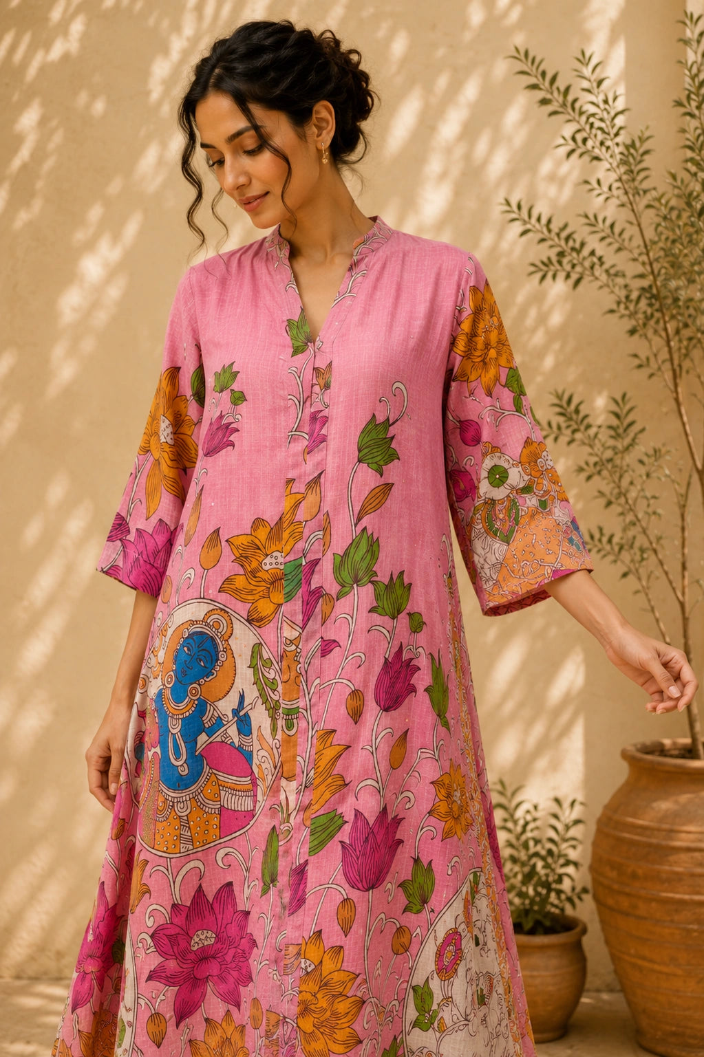 Vrindika Premium Cotton Printed Kurta Set with Pants – Pink Floral Ethnic Wear