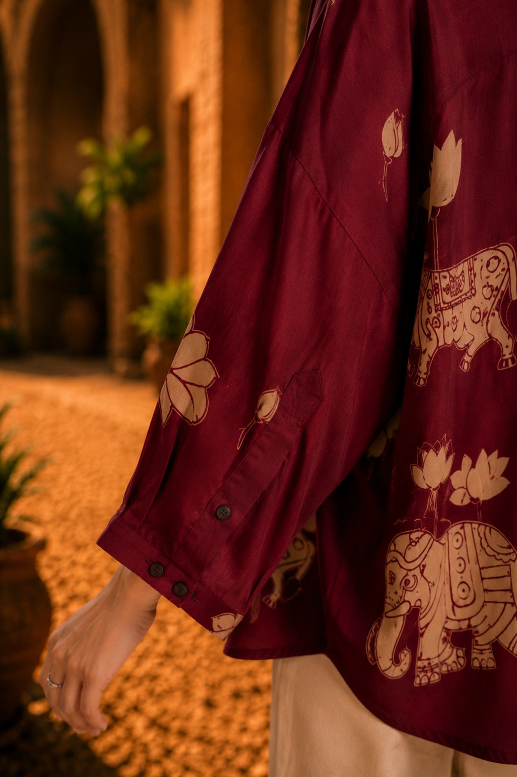 Maroon Kalamkari Elephant & Lotus Print Oversized Cotton Shirt – Premium Relaxed Fit Ethnic Fusion Top for Women
