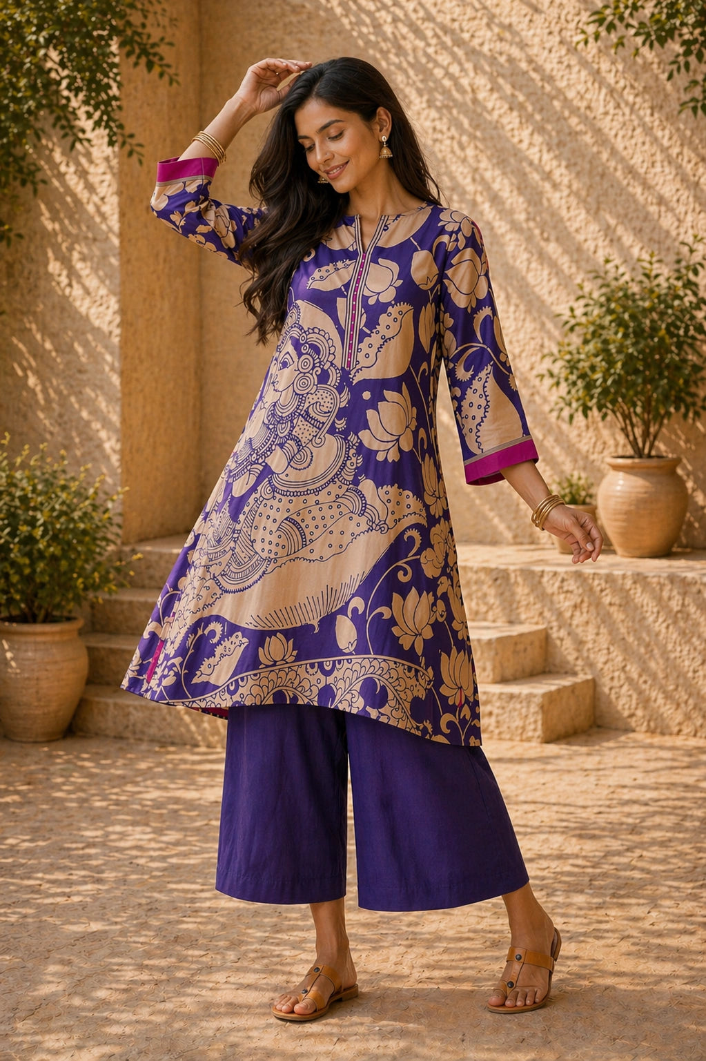 Violet Kalamkari Print Kurta Set with Embroidery - Traditional Ethnic Wear for Women