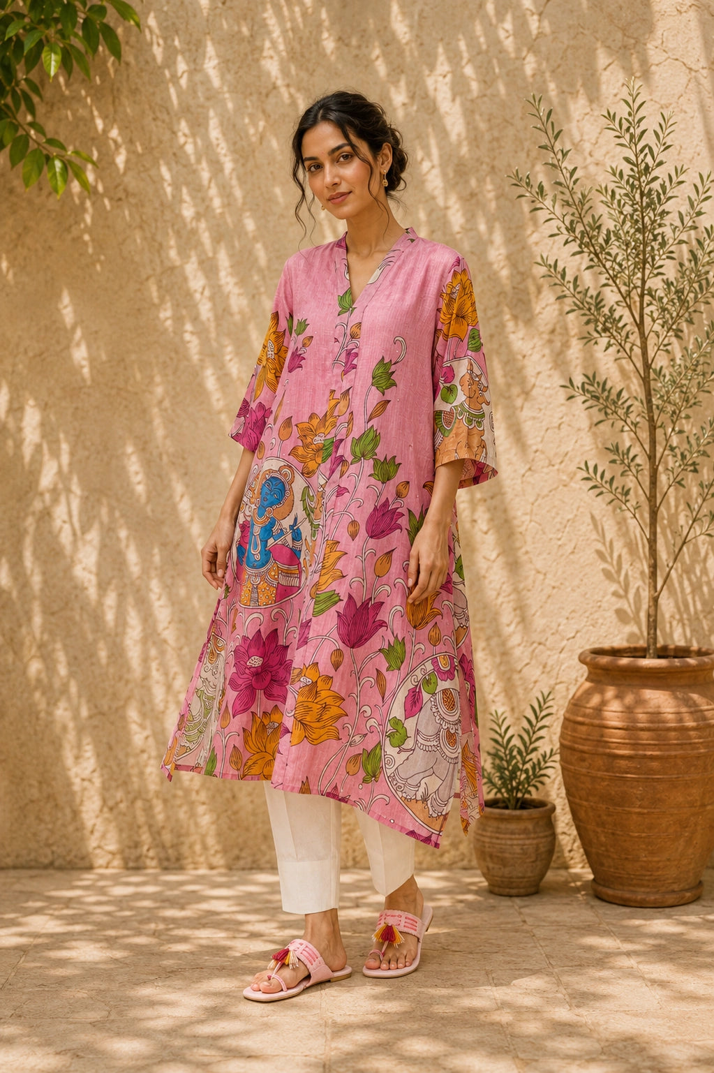 Vrindika Premium Cotton Printed Kurta Set with Pants – Pink Floral Ethnic Wear