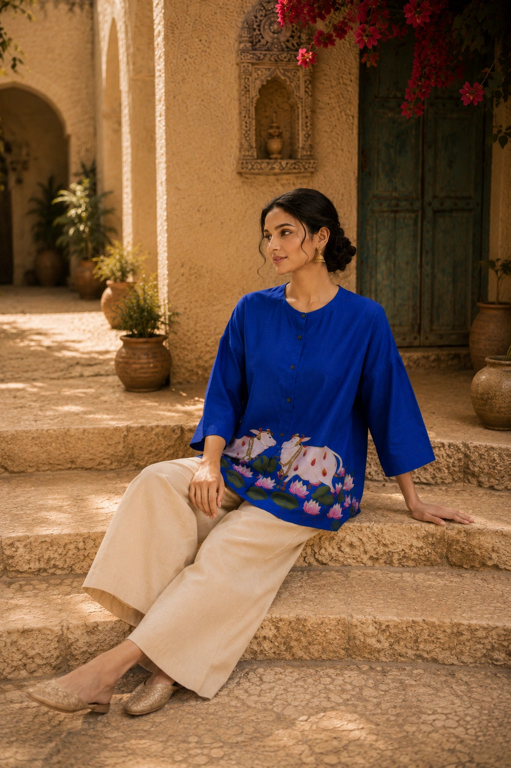 Surbhi Kalamkari Oversized Cotton Shirt for Women – Royal Blue