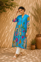 Vrindika Premium Cotton Printed Kurta Set with Pants – Electric Blue Floral Ethnic Wear