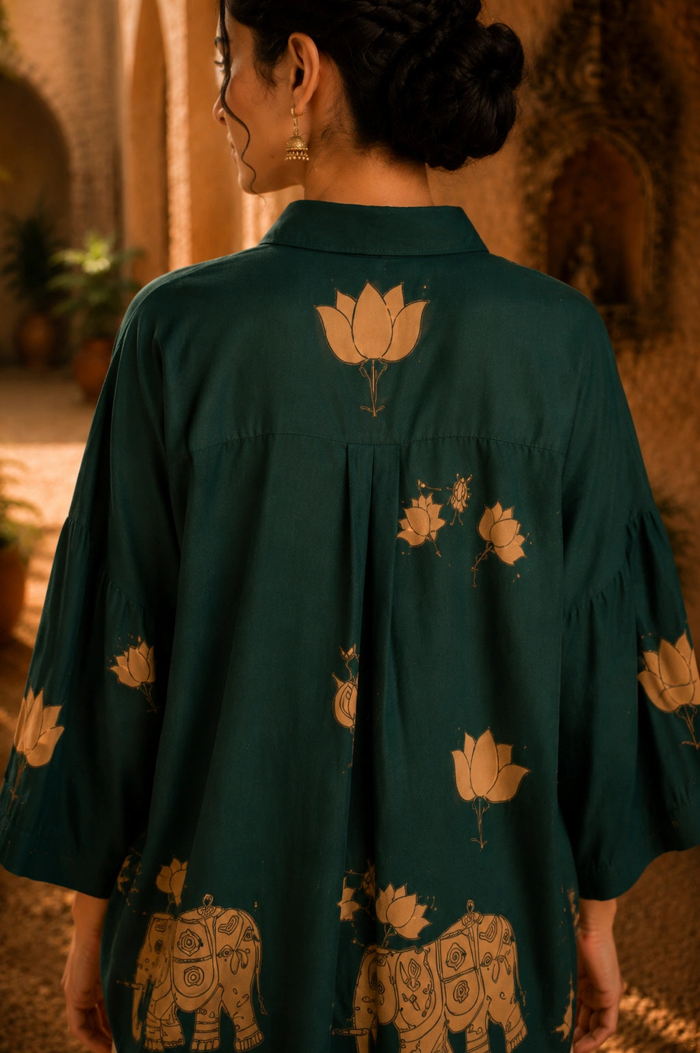 Green Kalamkari Elephant & Lotus Print Oversized Cotton Shirt – Premium Relaxed Fit Ethnic Fusion Top for Women