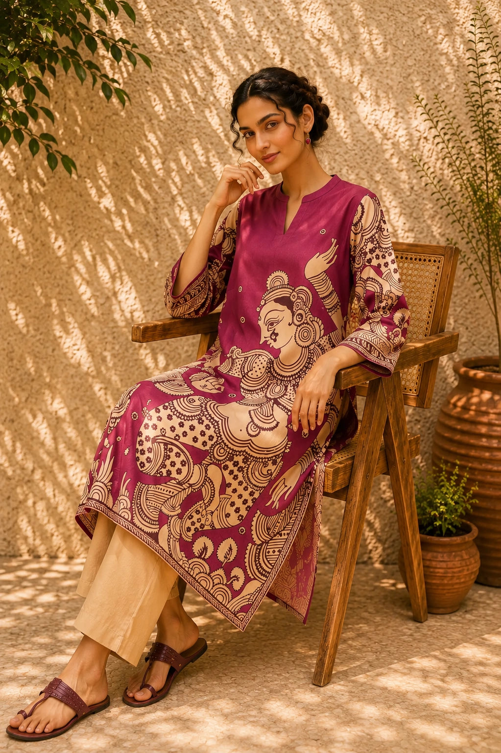 Taal Premium Cotton Kurta Set with Pants – Magenta Artistic Ethnic Wear
