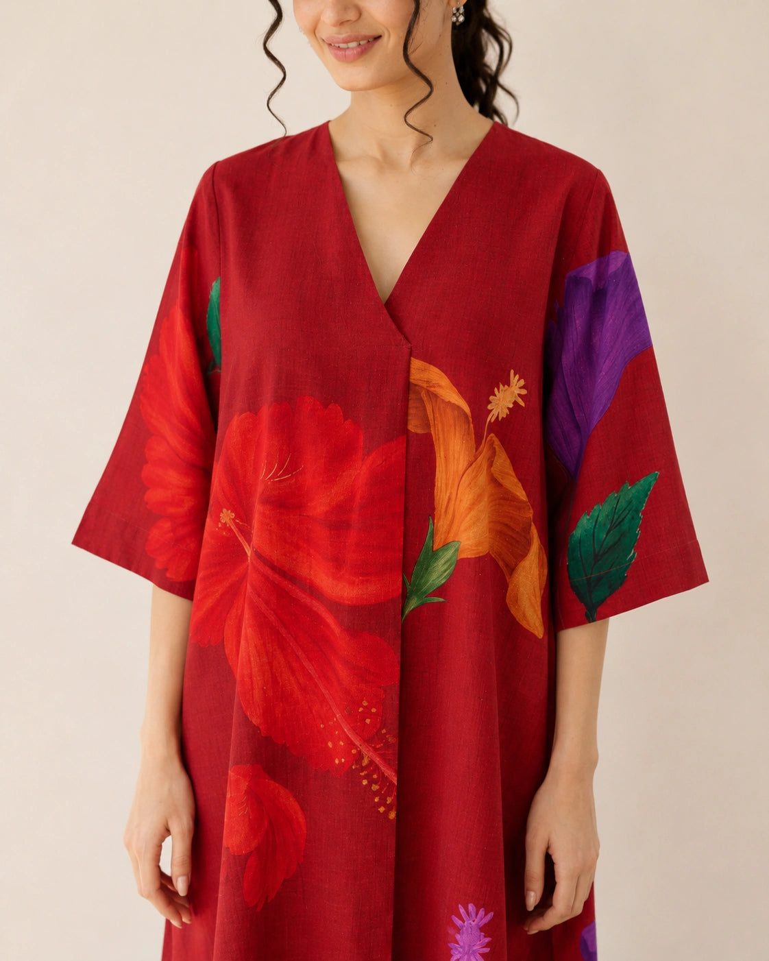Hibiscus Cherry Red Soft Cotton Kurti Set