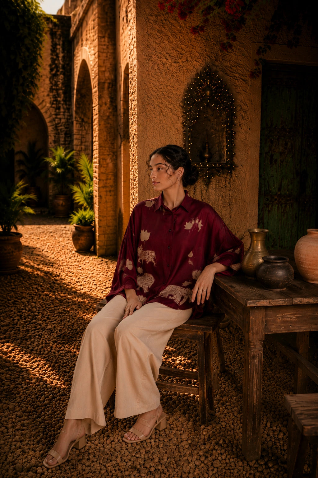 Maroon Kalamkari Elephant & Lotus Print Oversized Cotton Shirt – Premium Relaxed Fit Ethnic Fusion Top for Women