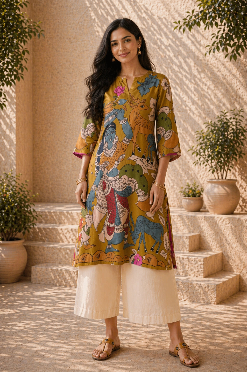 Chitra Kalamkari Print Kurta & Relaxed Pants Set (Mustard Yellow & Multi-Colored)