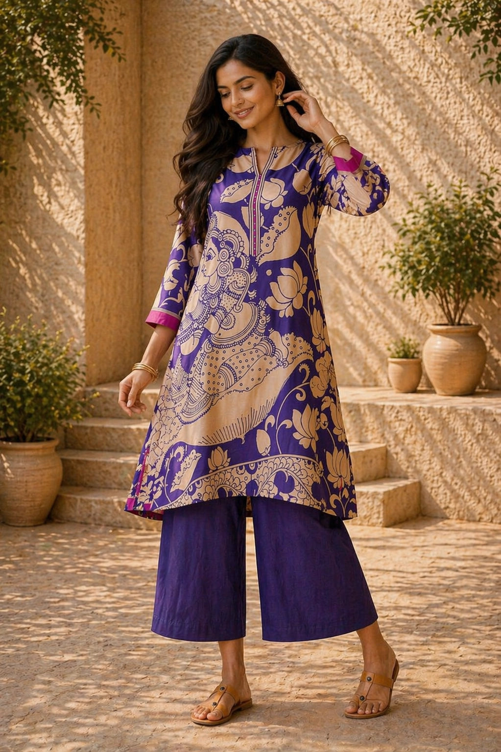 Violet Kalamkari Print Kurta Set with Embroidery - Traditional Ethnic Wear for Women