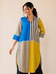 Retro Electric Blue & Ochre Yellow Cotton Kurti Set