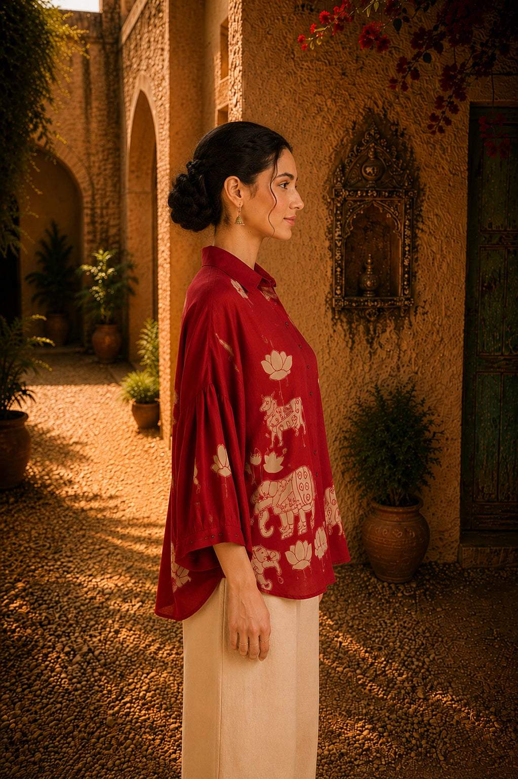 Red Kalamkari Elephant & Lotus Print Oversized Cotton Shirt – Premium Relaxed Fit Ethnic Fusion Top for Women