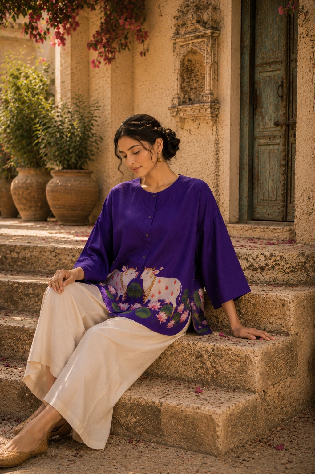 Surbhi Kalamkari Oversized Cotton Shirt for Women – Violet