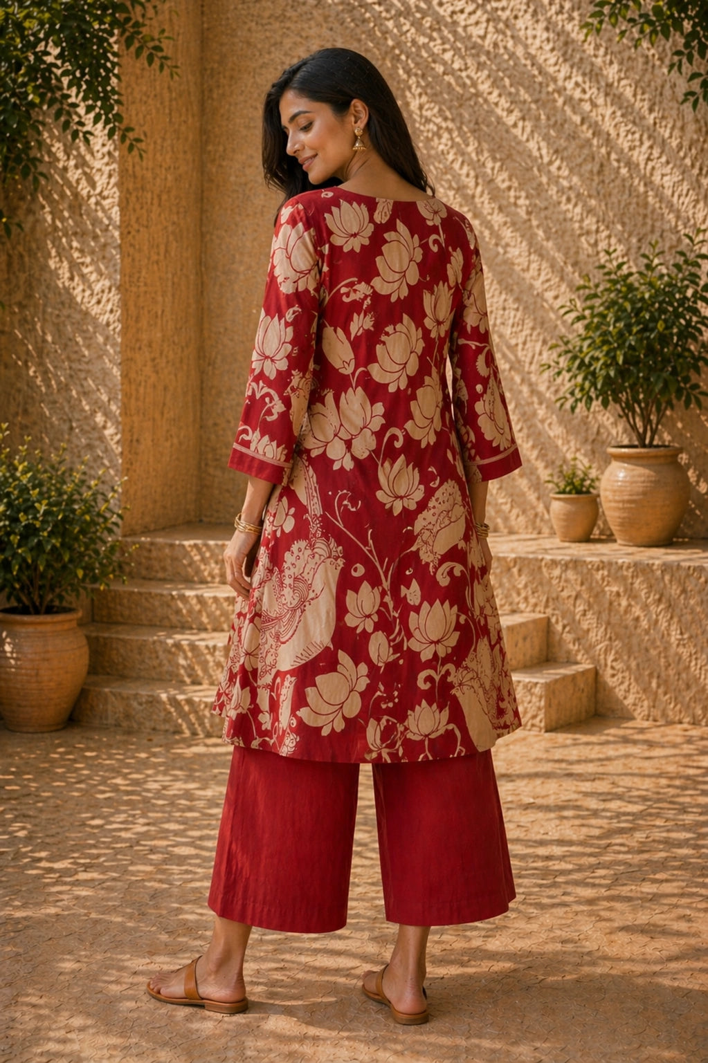 Rust Kalamkari Print Kurta Set with Embroidery - Ethnic Wear for Women