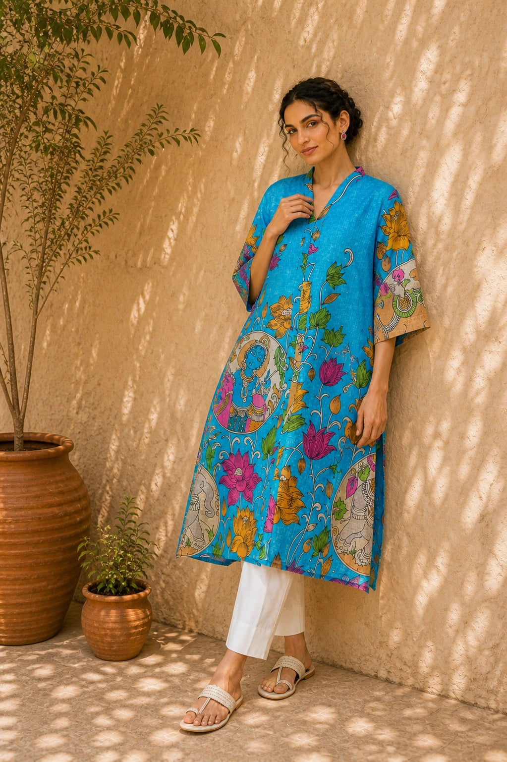 Vrindika Premium Cotton Printed Kurta Set with Pants – Electric Blue Floral Ethnic Wear