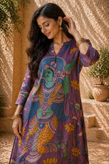 Rasika Kalamkari Print Premium Fabric Kurta Set with Pants for Women - Mauve