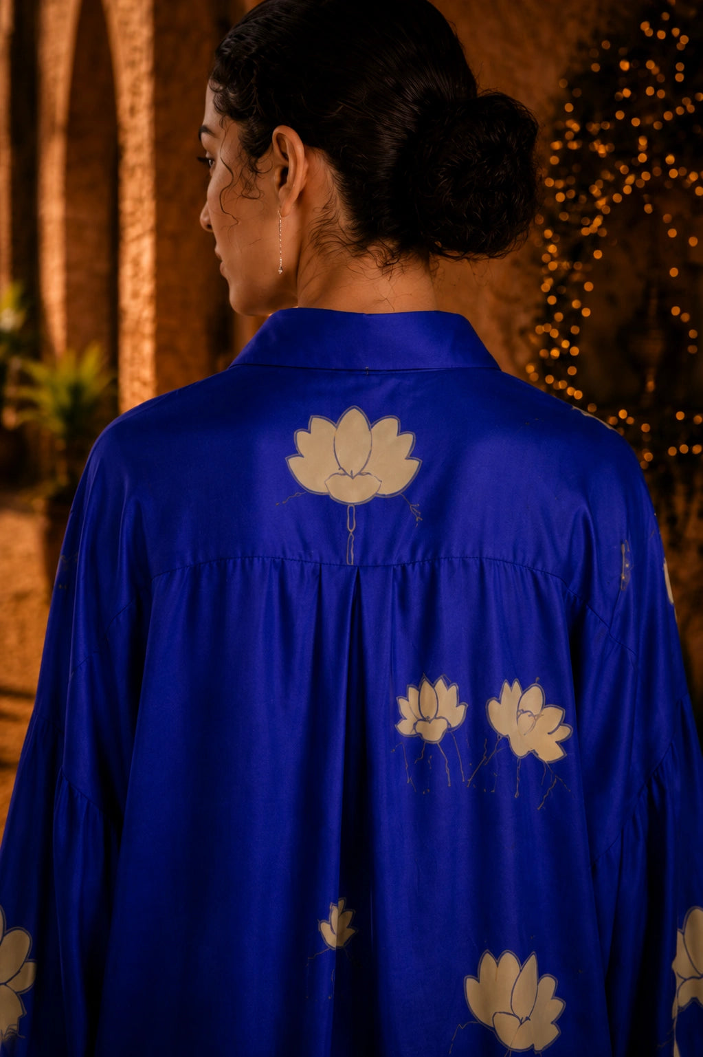 Royal Blue Kalamkari Elephant & Lotus Print Oversized Cotton Shirt – Premium Relaxed Fit Ethnic Fusion Top for Women